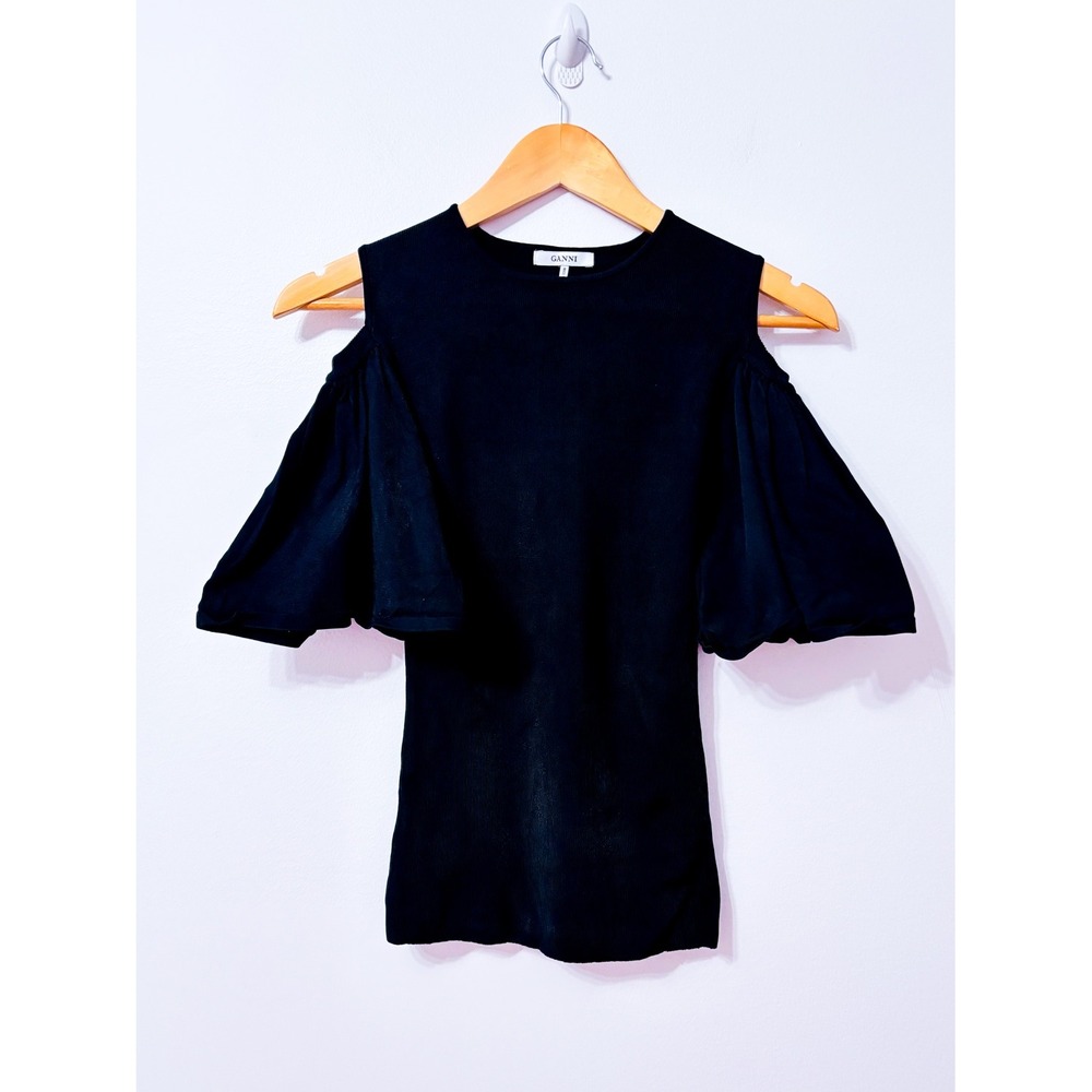 GANNI Black Ribbed Cold Shoulder Ruffle Sleeve Knit Top Small